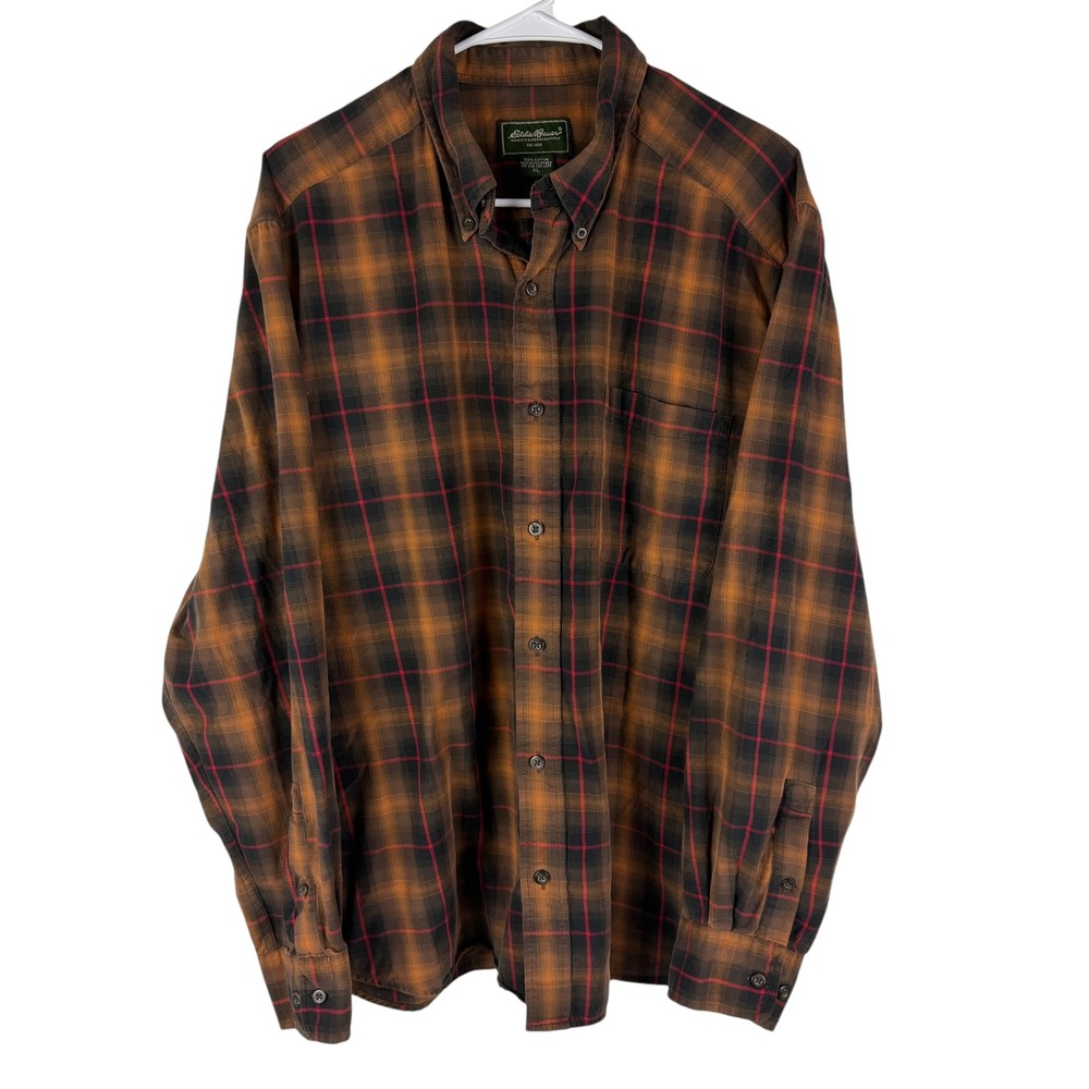 Eddie Bauer Men's XL Plaid Button Down Shirt Brown Orange Cotton Long‎ Sleeve